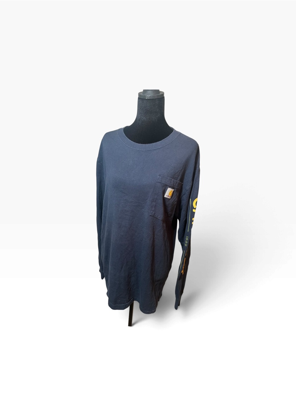 Carhartt Navy Long-Sleeve Pocket Tee with Yellow Sleeve Graphic